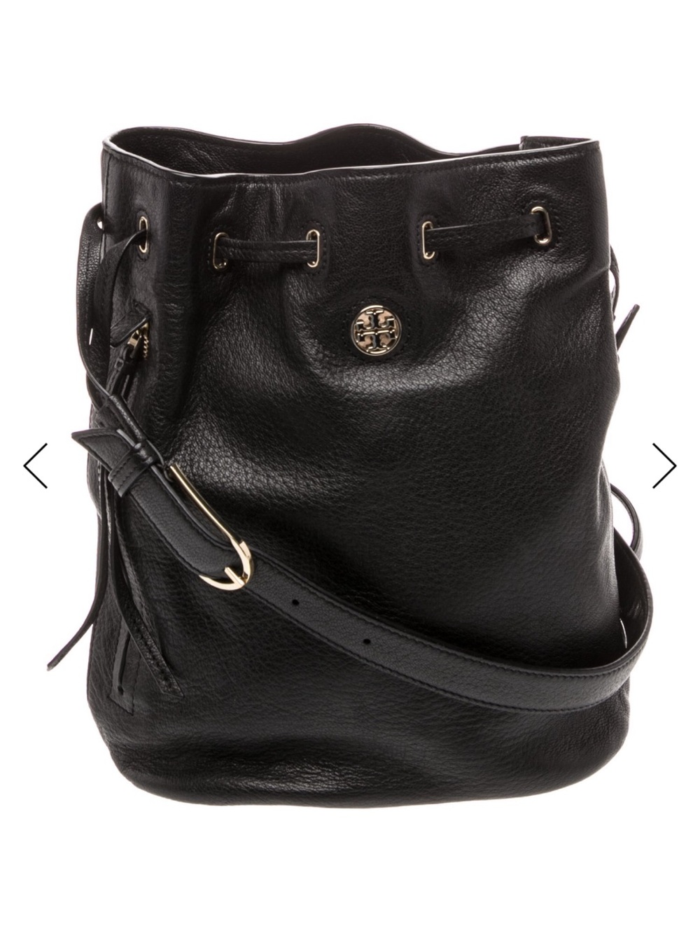 Tory Burch Black Pebbled Leather Drawstring Bucket Shoulder Bag with Gold Logo